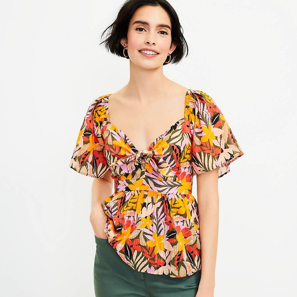 LOFT Tropical Flutter Tie Neck Top - XS